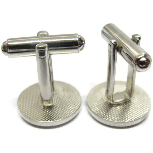 Silver Tone Black Round Cufflinks Wedding Tux Vintage - Picture 9 of 9